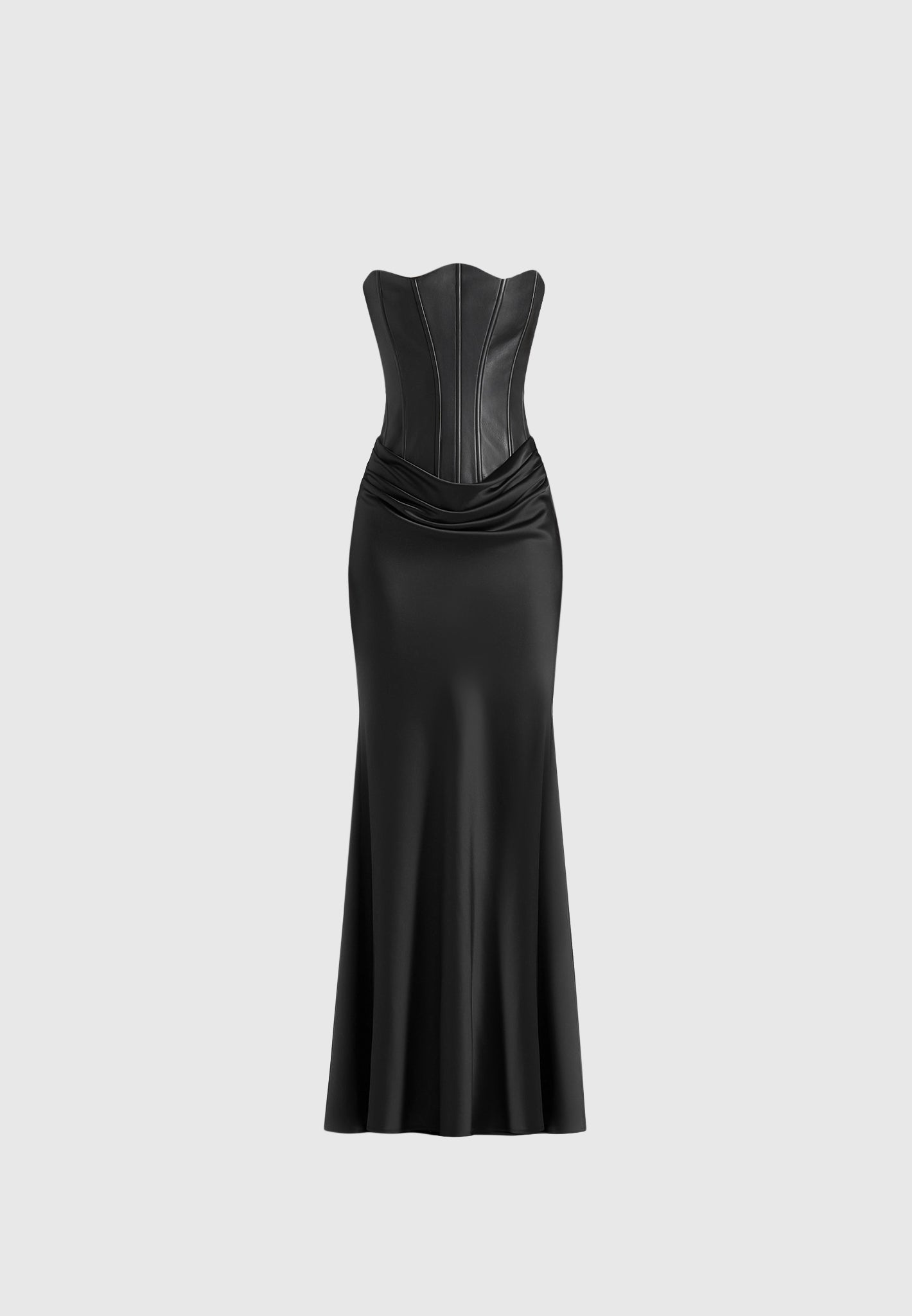 Corina - Leather Corset Cowl Satin Maxi Dress - Black