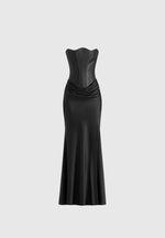 Corina - Leather Corset Cowl Satin Maxi Dress - Black