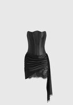 Valeska - Leather Corset Satin Lace Sash Mini Dress - Black