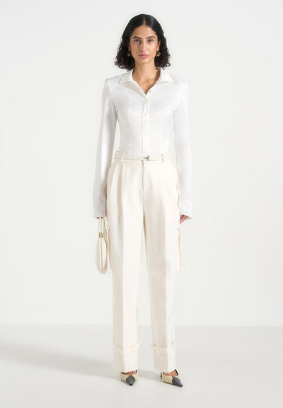 Danielle - Tailored Pleated Cargo Pants - Off White