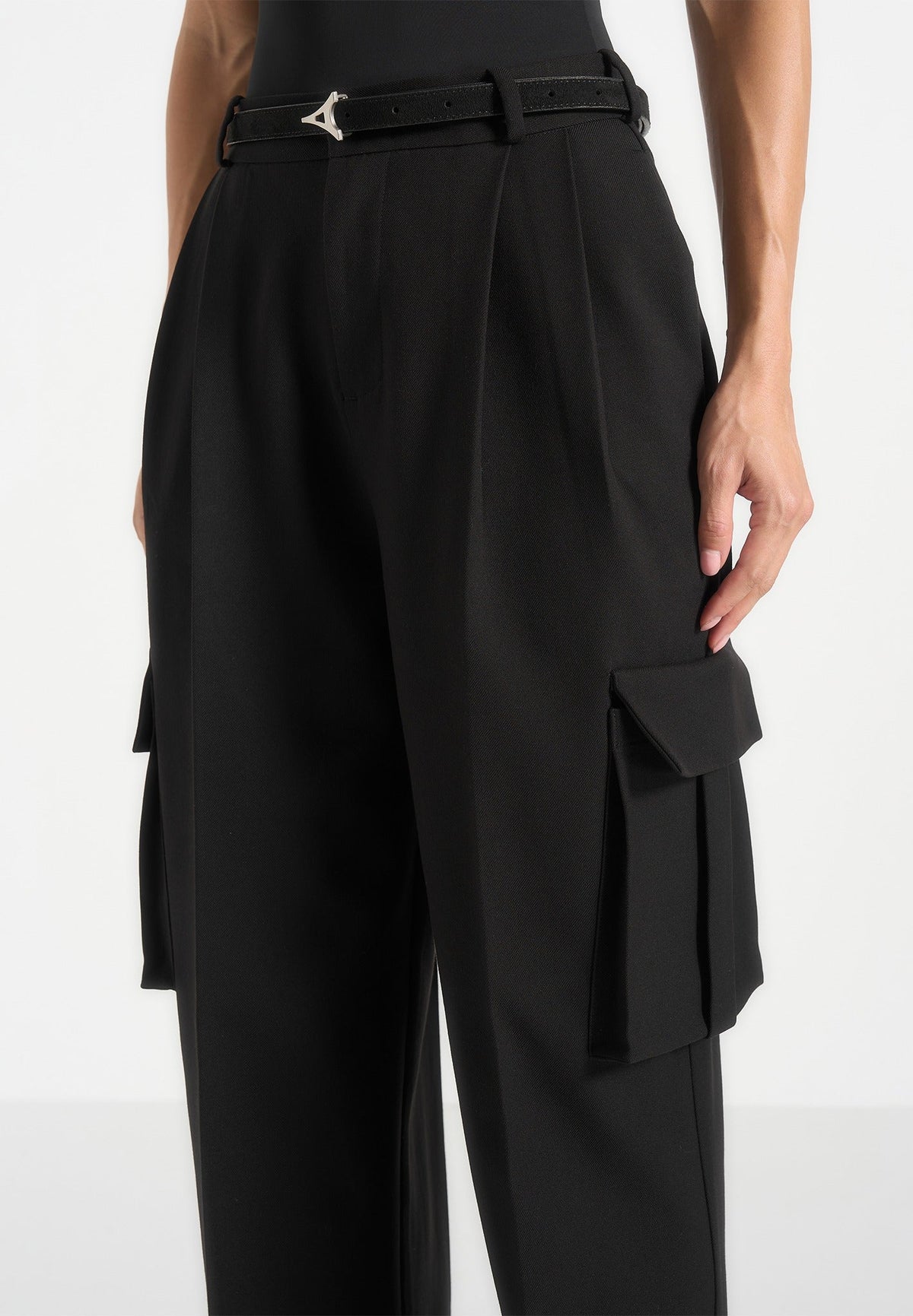 textured-tailored-pleated-cargo-trousers-black