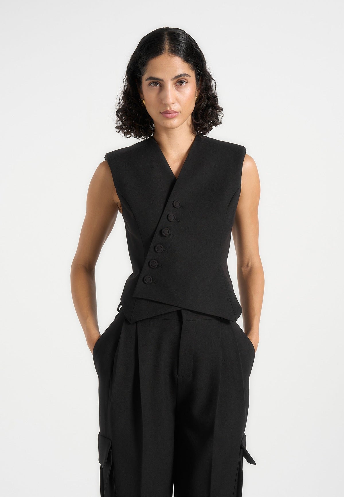 Laurence -  Tailored Asym Wrap Suit Vest - Black