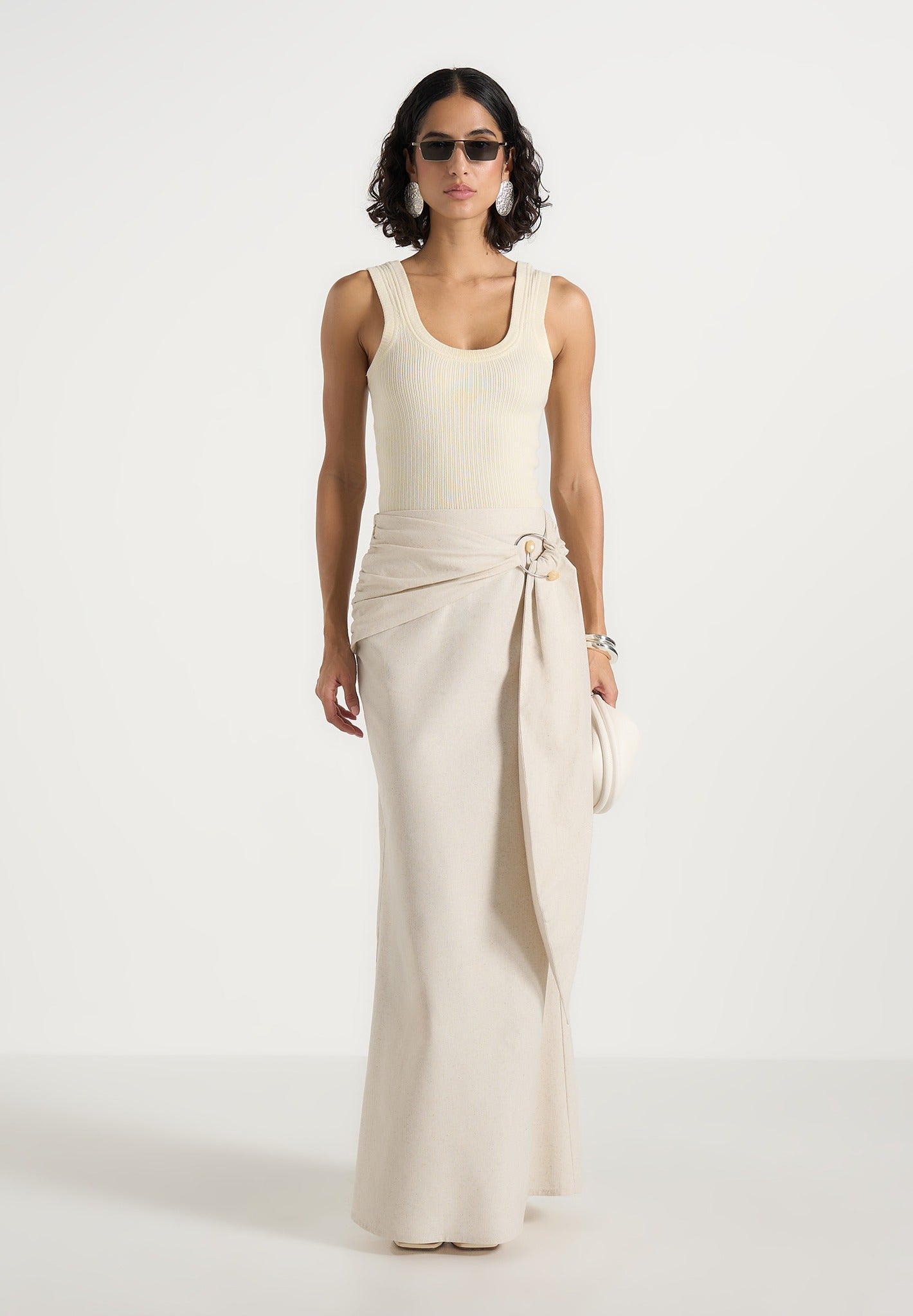Holly - Linen Asymmetric Wrap Tie Maxi Skirt - Natural