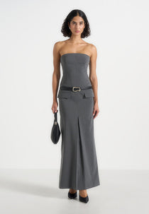 Tabitha - Tailored Pinstripe Bandeau Belted Maxi Dress - Grey
