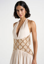 Ava - Halterneck Embellished Corset Gathered Maxi Dress - Cream