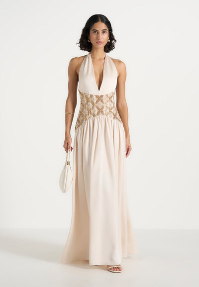 Ava - Halterneck Embellished Corset Gathered Maxi Dress - Cream
