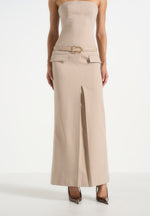 Tabitha - Tailored Bandeau Belted Maxi Dress - Beige