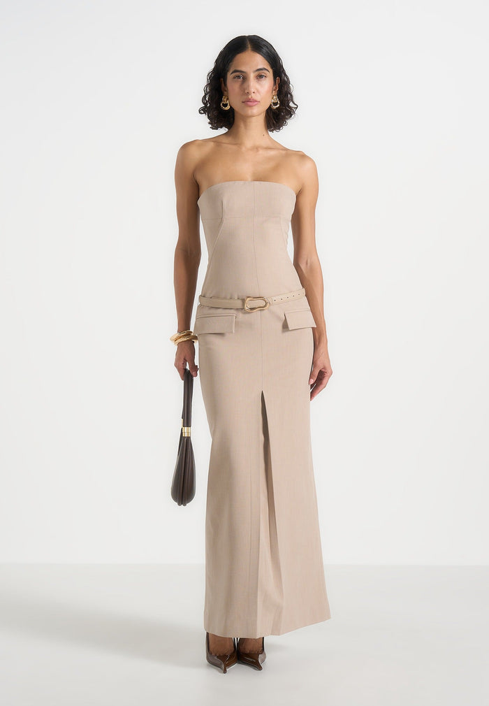 Tabitha - Tailored Bandeau Belted Maxi Dress - Beige