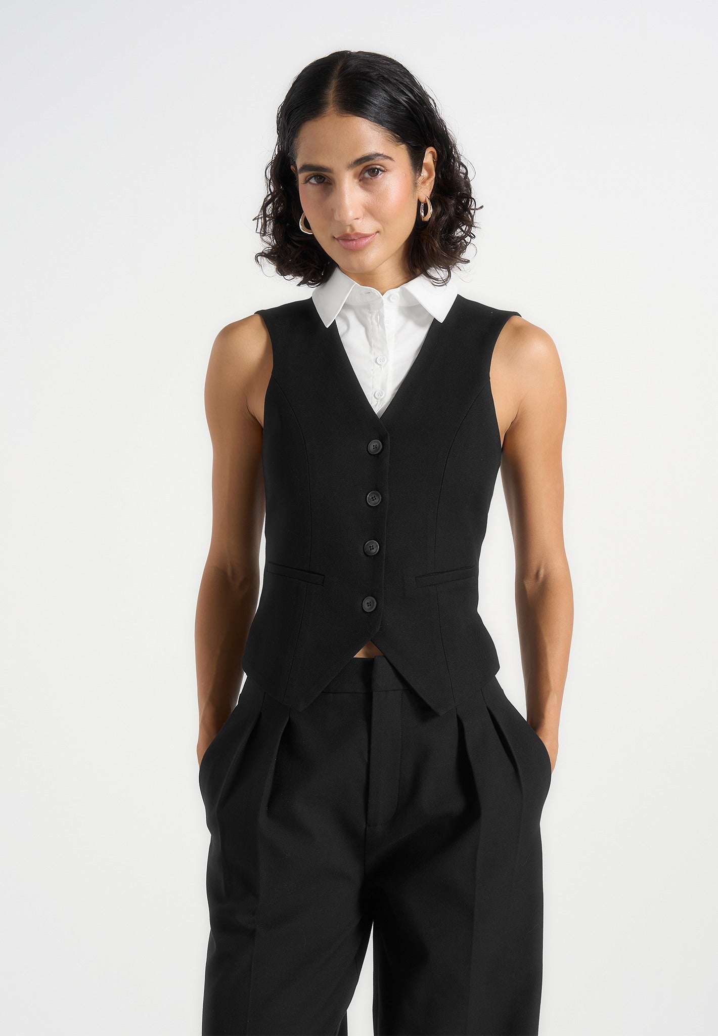 Irene - Collar Detail Cinched Suit Vest - Black/White 