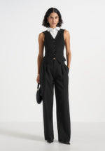 Irene - Collar Detail Cinched Suit Vest - Black/White