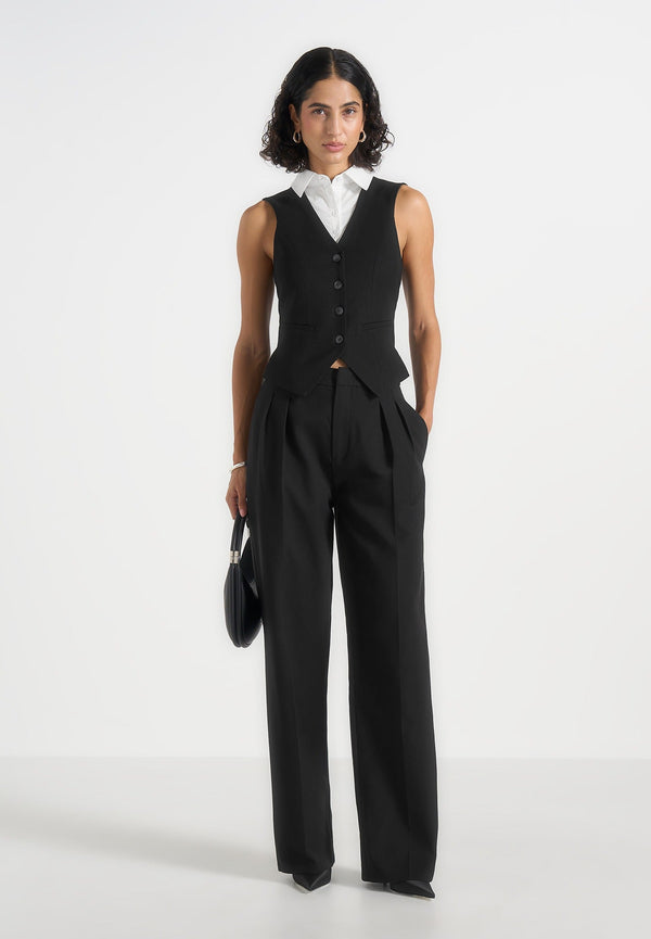 Irene - Collar Detail Cinched Suit Vest - Black/White