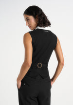 Irene - Collar Detail Cinched Suit Vest - Black/White