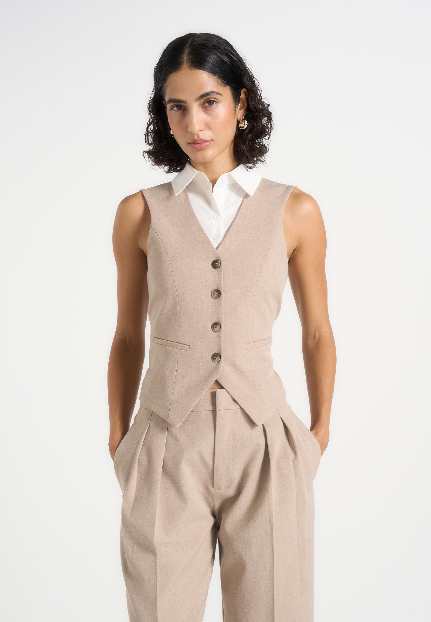 Irene - Collar Detail Cinched Suit Vest - Beige/White 