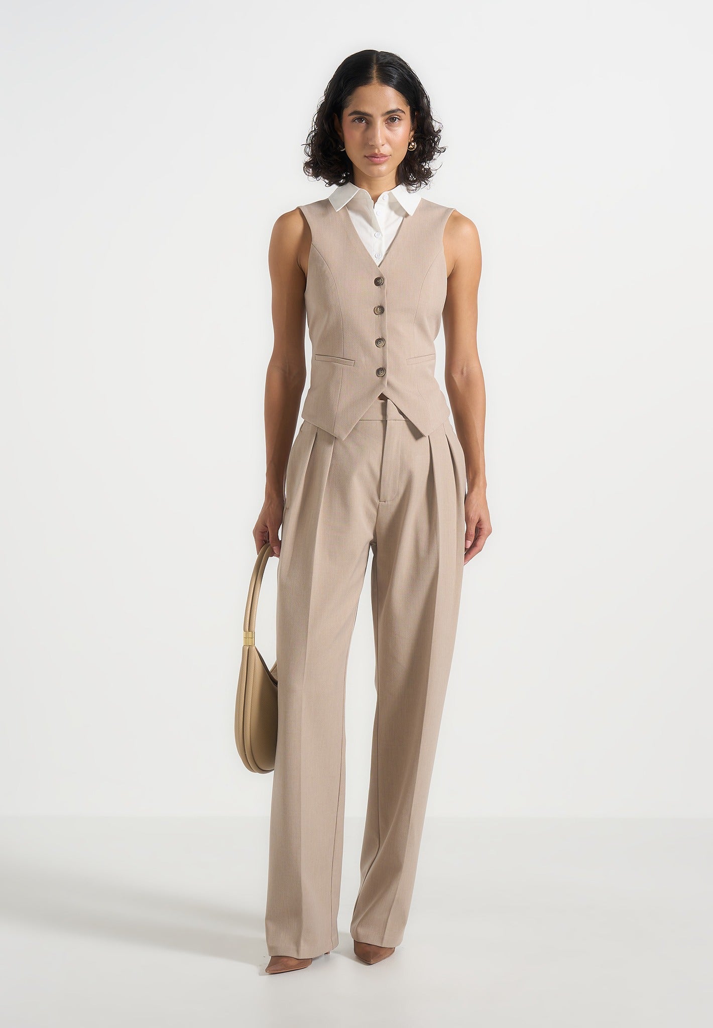 Irene - Collar Detail Cinched Suit Vest - Beige/White 