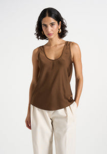 Mathilda - Satin Scoop Neck Open Back Tank Top - Brown