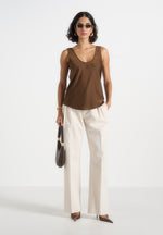 Mathilda - Satin Scoop Neck Open Back Tank Top - Brown