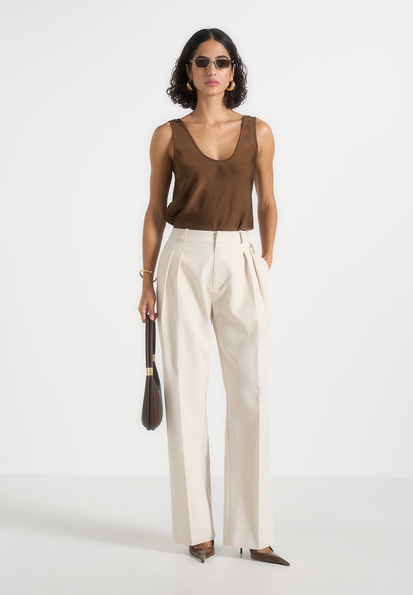Mathilda - Satin Scoop Neck Open Back Tank Top - Brown