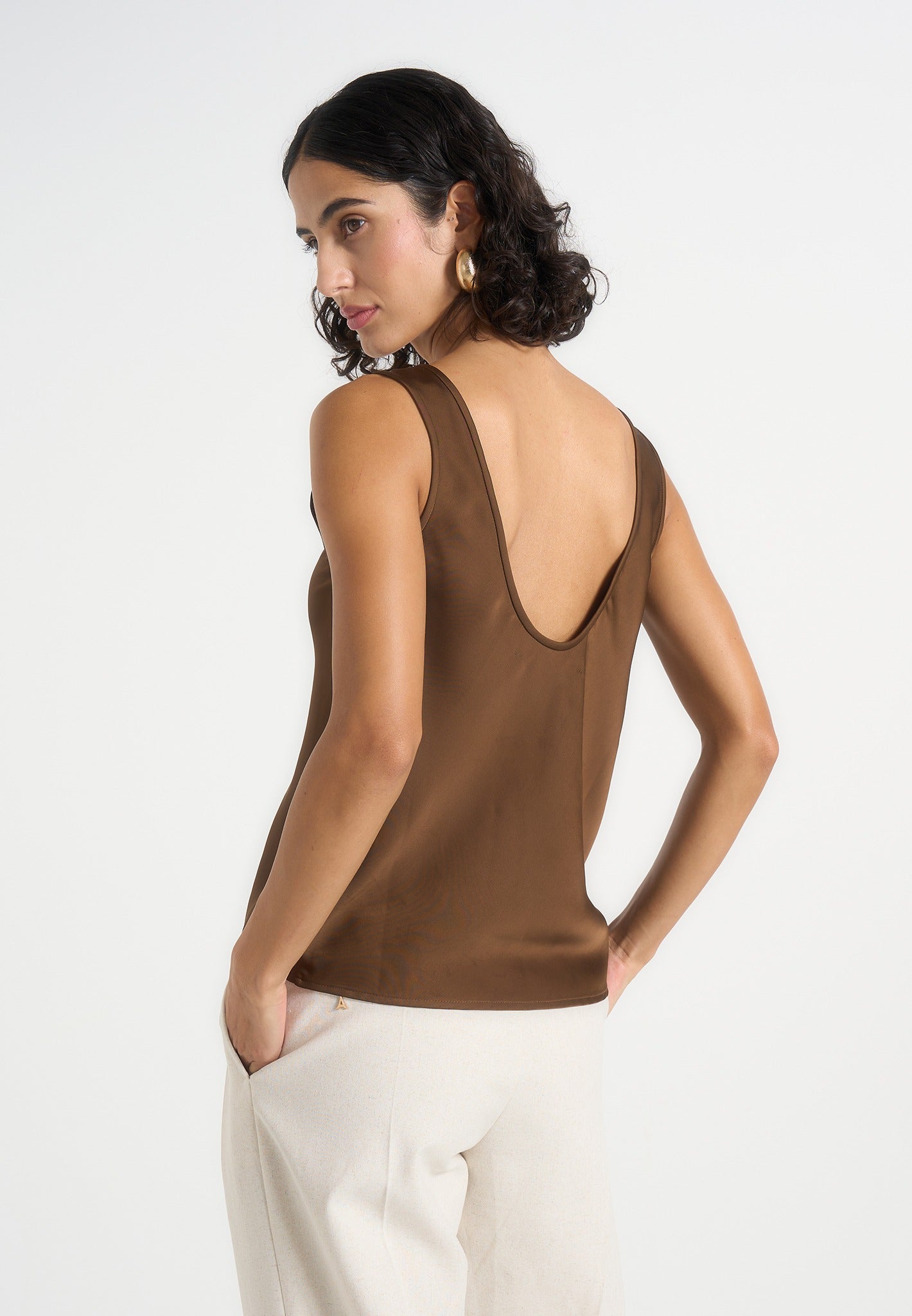 Mathilda - Satin Scoop Neck Open Back Tank Top - Brown 