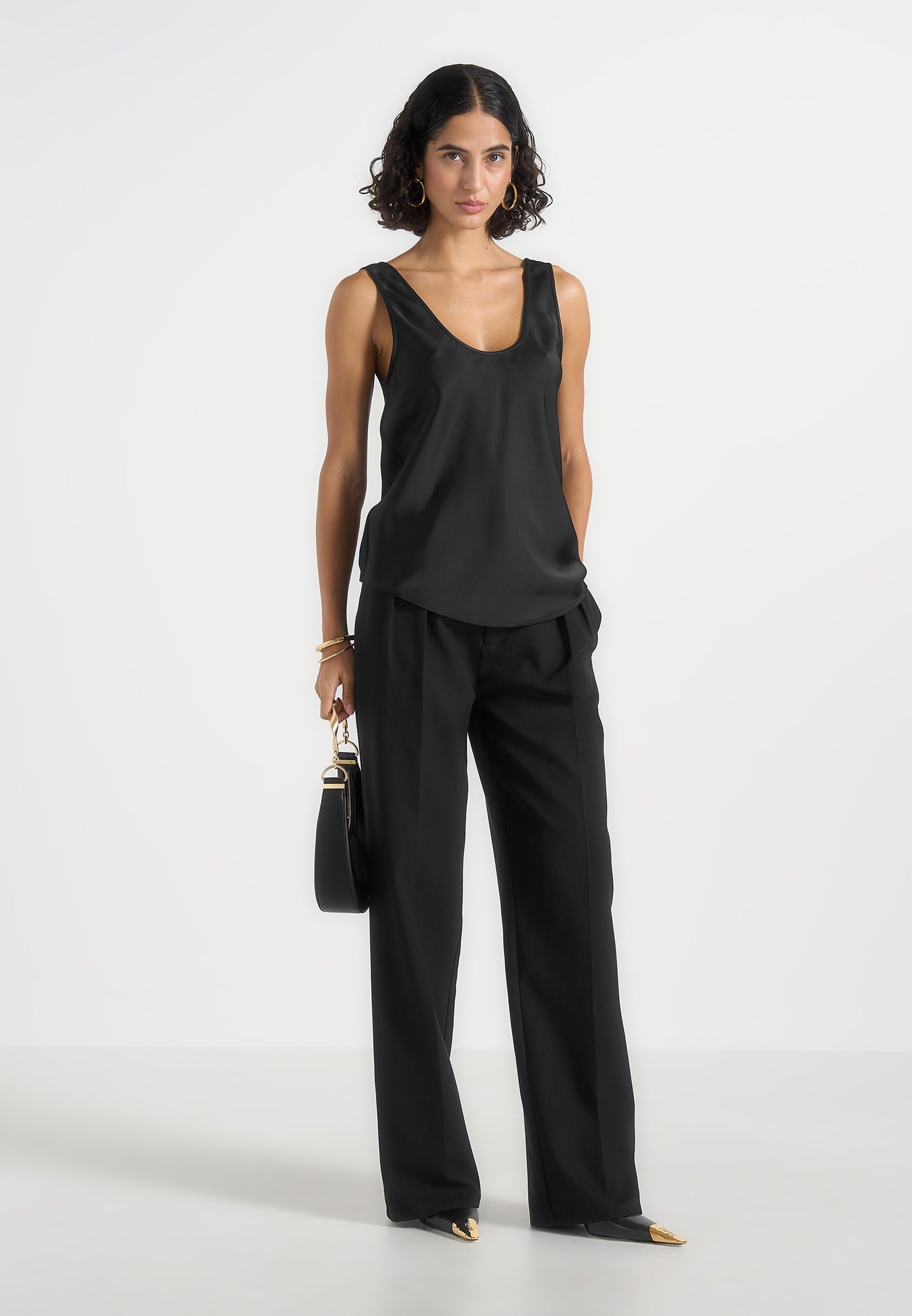 Mathilda - Satin Scoop Neck Open Back Tank Top - Black 