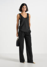 Mathilda - Satin Scoop Neck Open Back Tank Top - Black