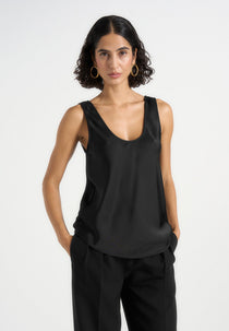 Mathilda - Satin Scoop Neck Open Back Tank Top - Black