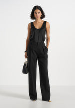 Mathilda - Satin Scoop Neck Open Back Tank Top - Black