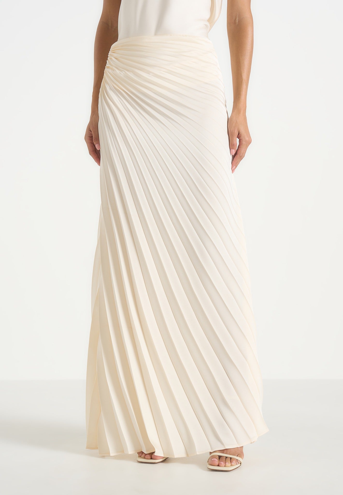 Fiona - Satin Fan Pleat Maxi Skirt - Ivory 