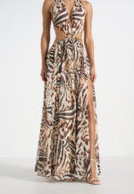 June - Chain Belt Cut-Out Georgette Halter Maxi Dress - Animal