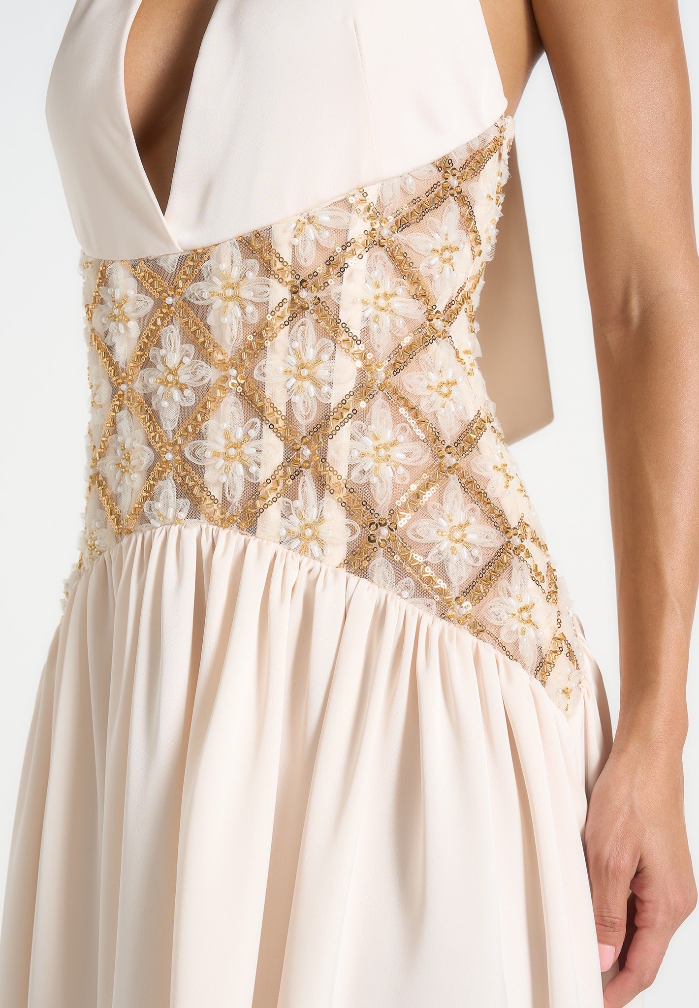 Ava - Halterneck Embellished Corset Gathered Maxi Dress - Cream 