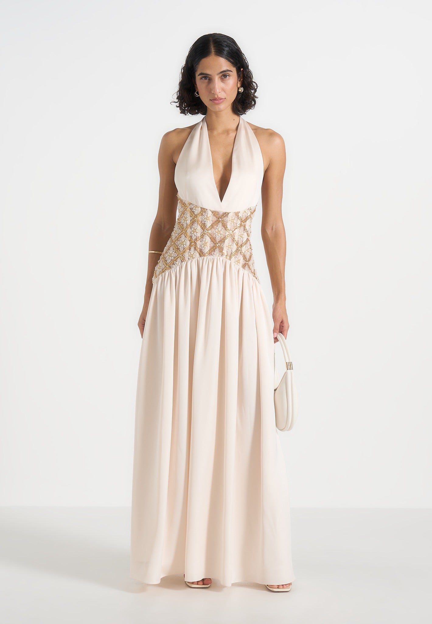 Ava - Halterneck Embellished Corset Gathered Maxi Dress - Cream 