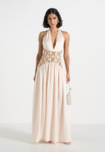 Ava - Halterneck Embellished Corset Gathered Maxi Dress - Cream