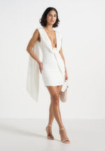 Mirena - Ruched Open Back Mini Dress With Scarf - White