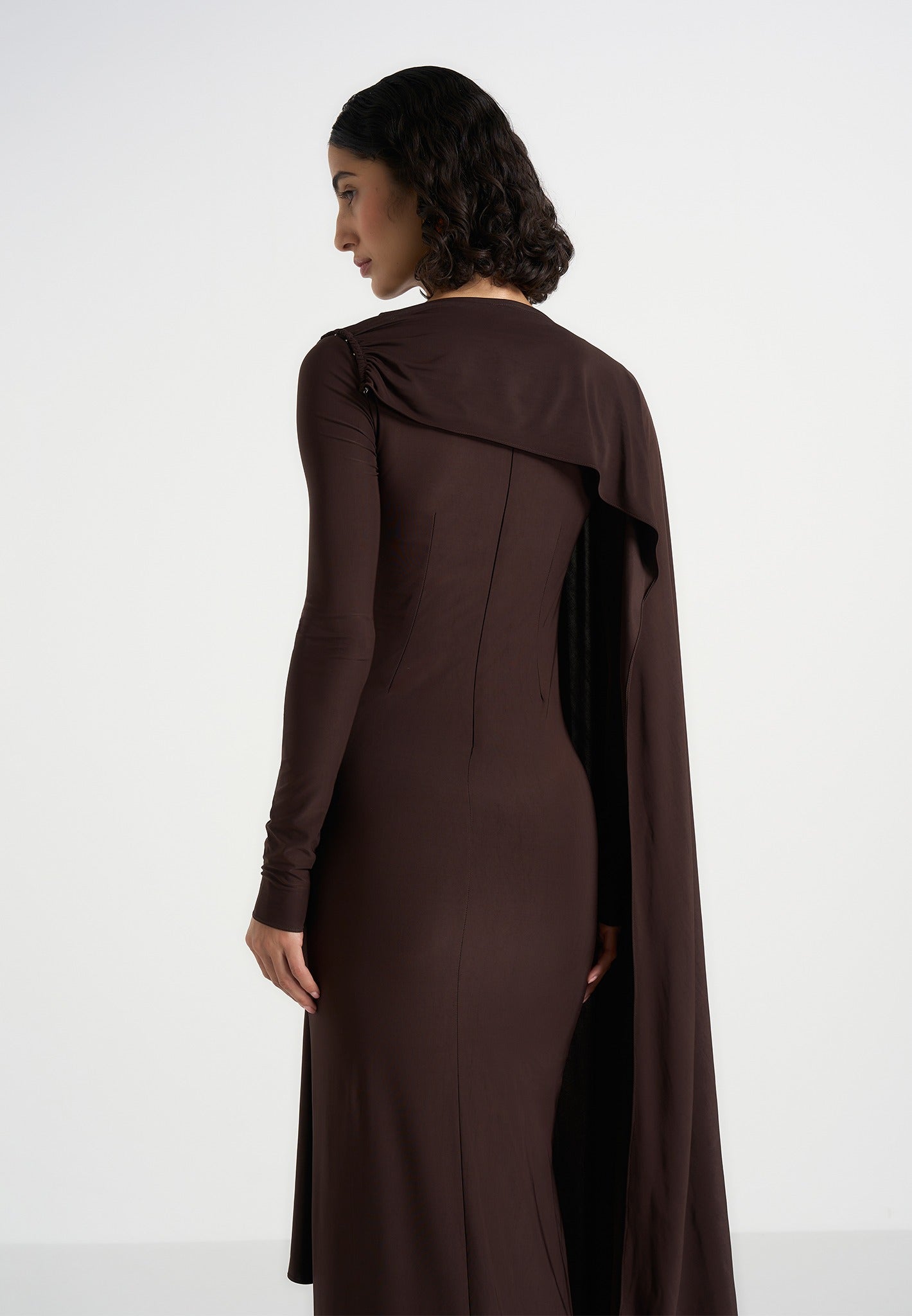 Edena - Asymmetric Ruched Draped Maxi Dress - Brown