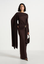 Edena - Asymmetric Ruched Draped Maxi Dress - Brown