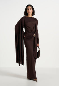 Edena - Asymmetric Ruched Draped Maxi Dress - Brown