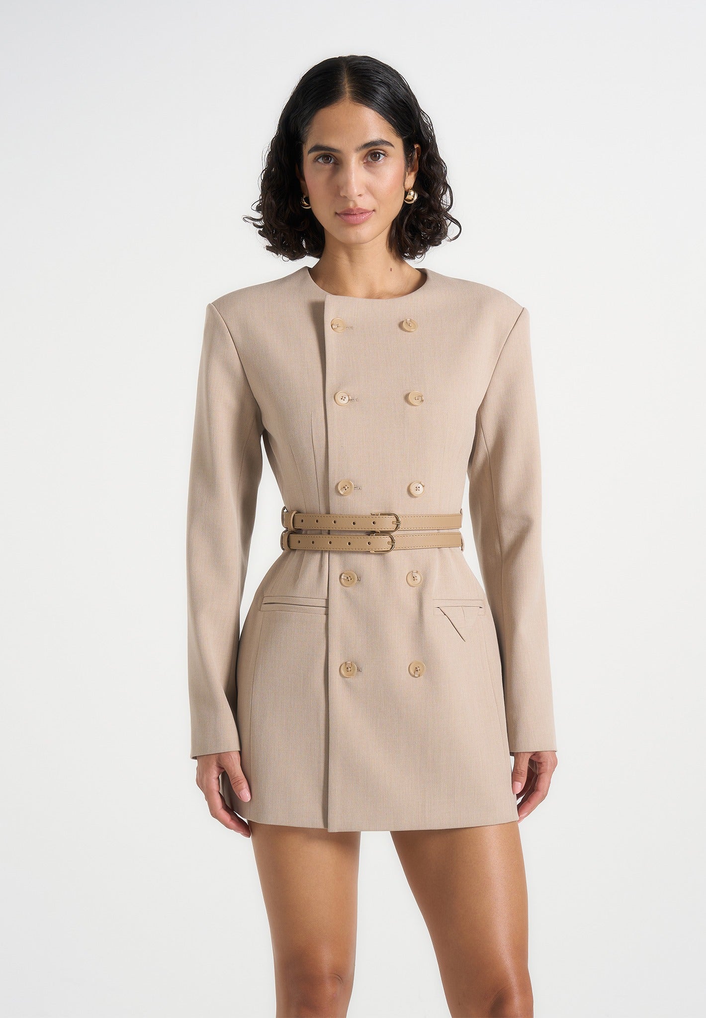 Sierra - Double Breasted Belted Blazer Dress - Beige 
