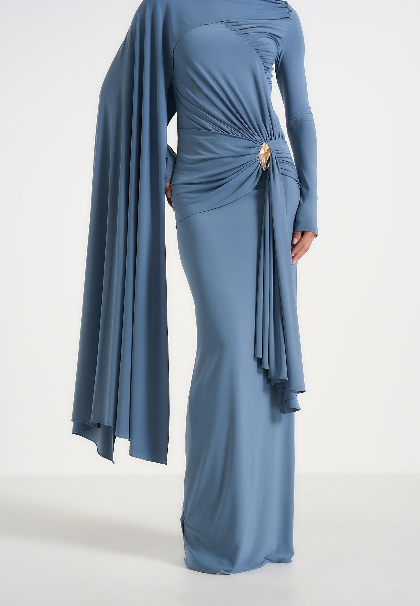 Edena - Asym Ruched Draped Maxi Dress - Blue