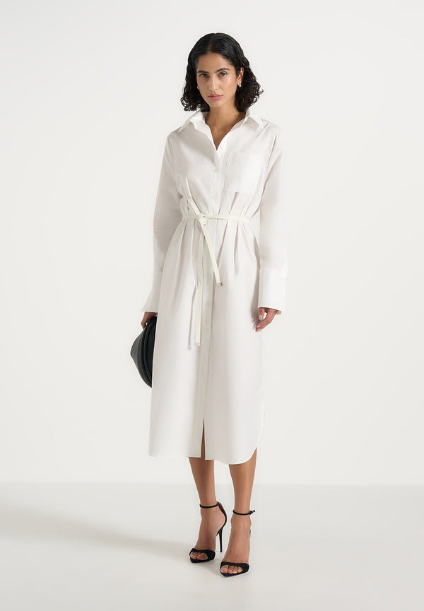 Isa - Belted Cotton Midi Shirt Dress - White