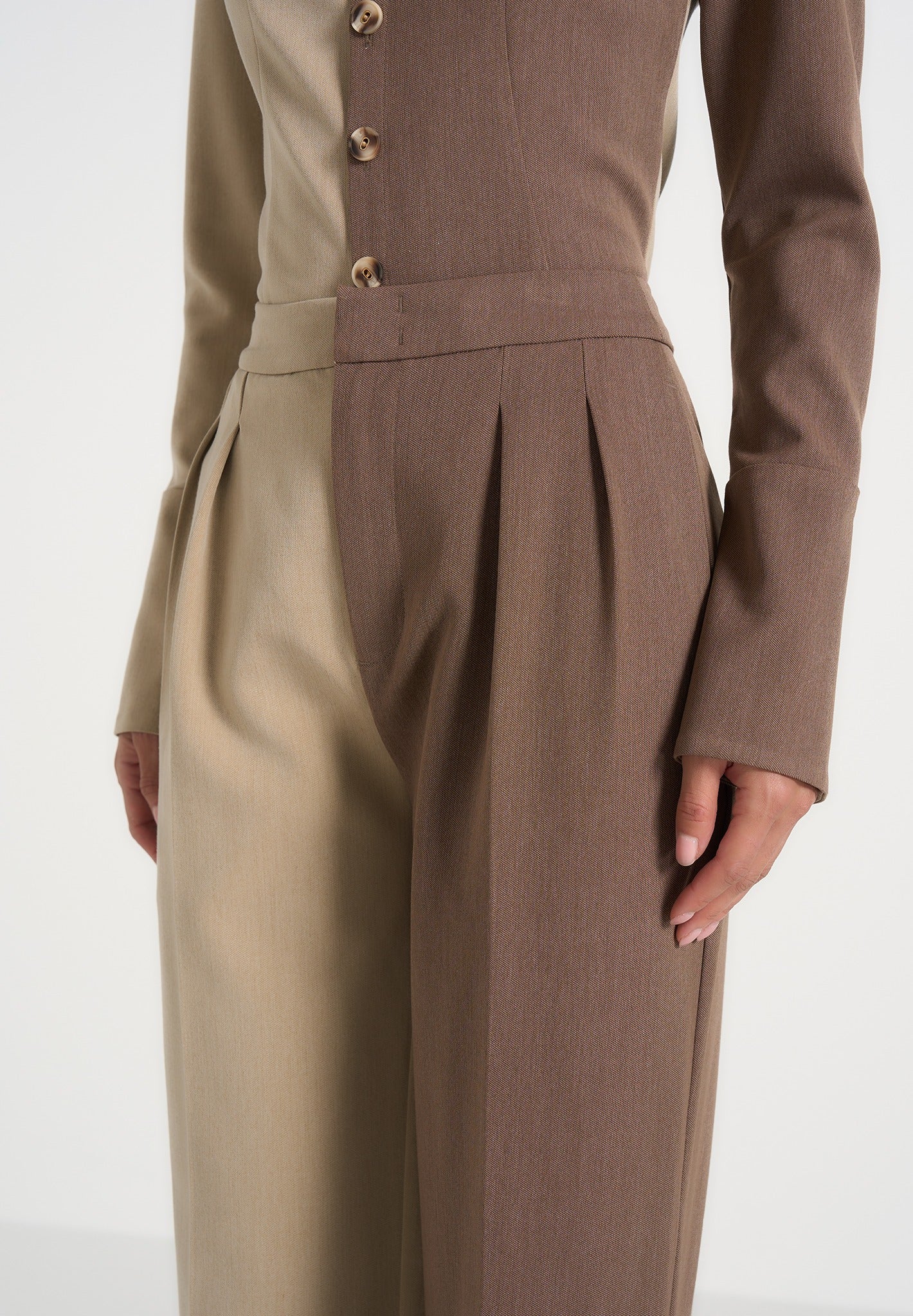 Julie - Two Tone Tailored Pants - Taupe/Brown