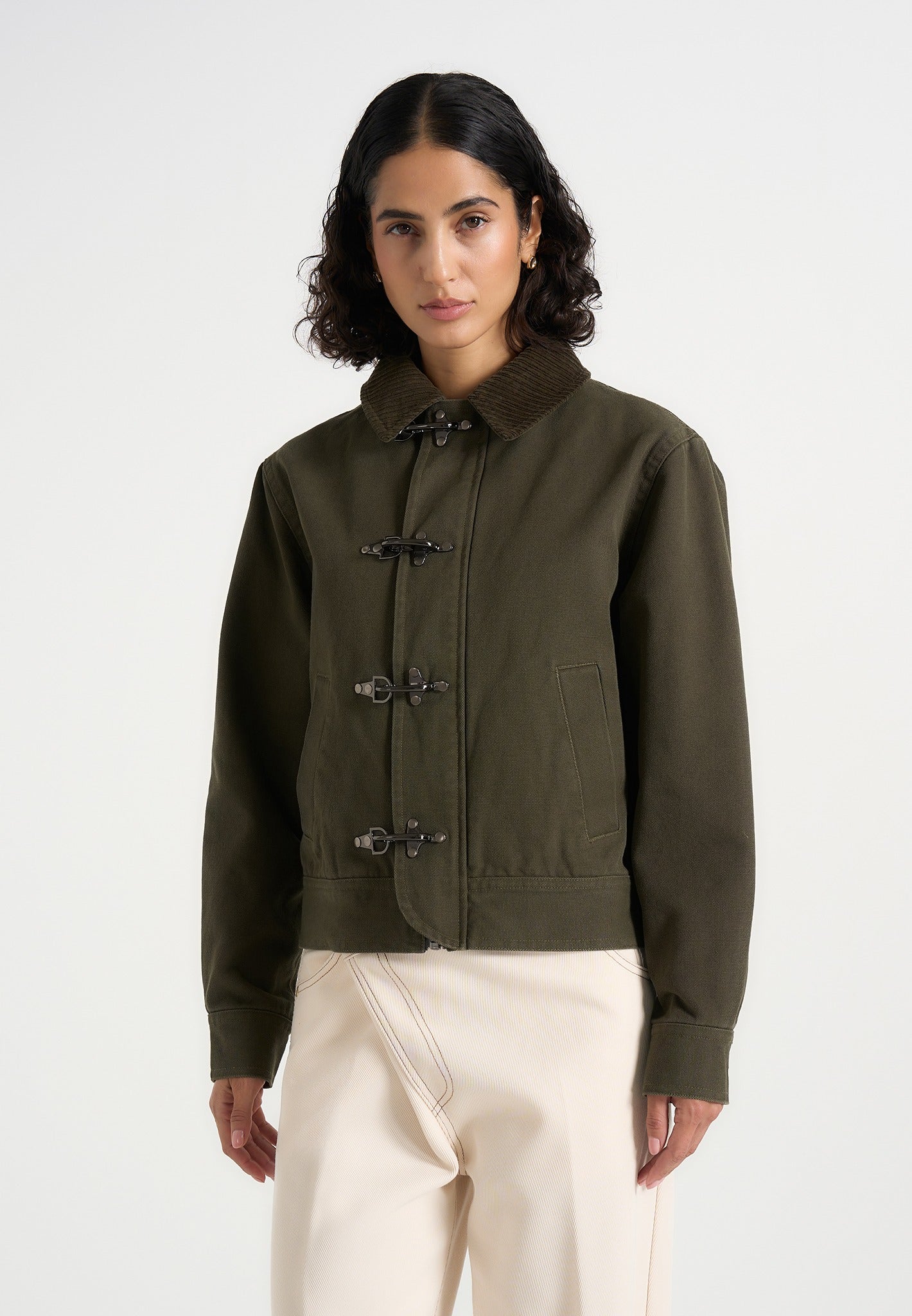 Nino - Clasp Detail Contrast Stitch Gabardine Jacket - Olive 