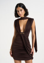 Mirena - Ruched Open Back Mini Dress With Scarf - Brown