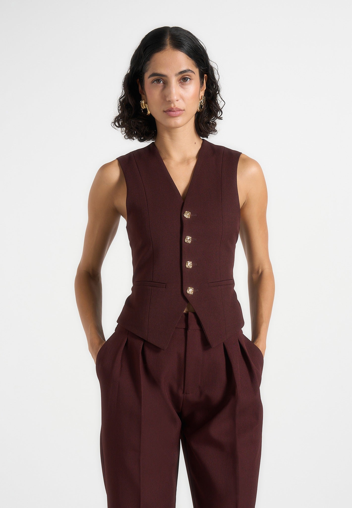 Christine - Tailored Cinch Suit Vest - Wine Red 