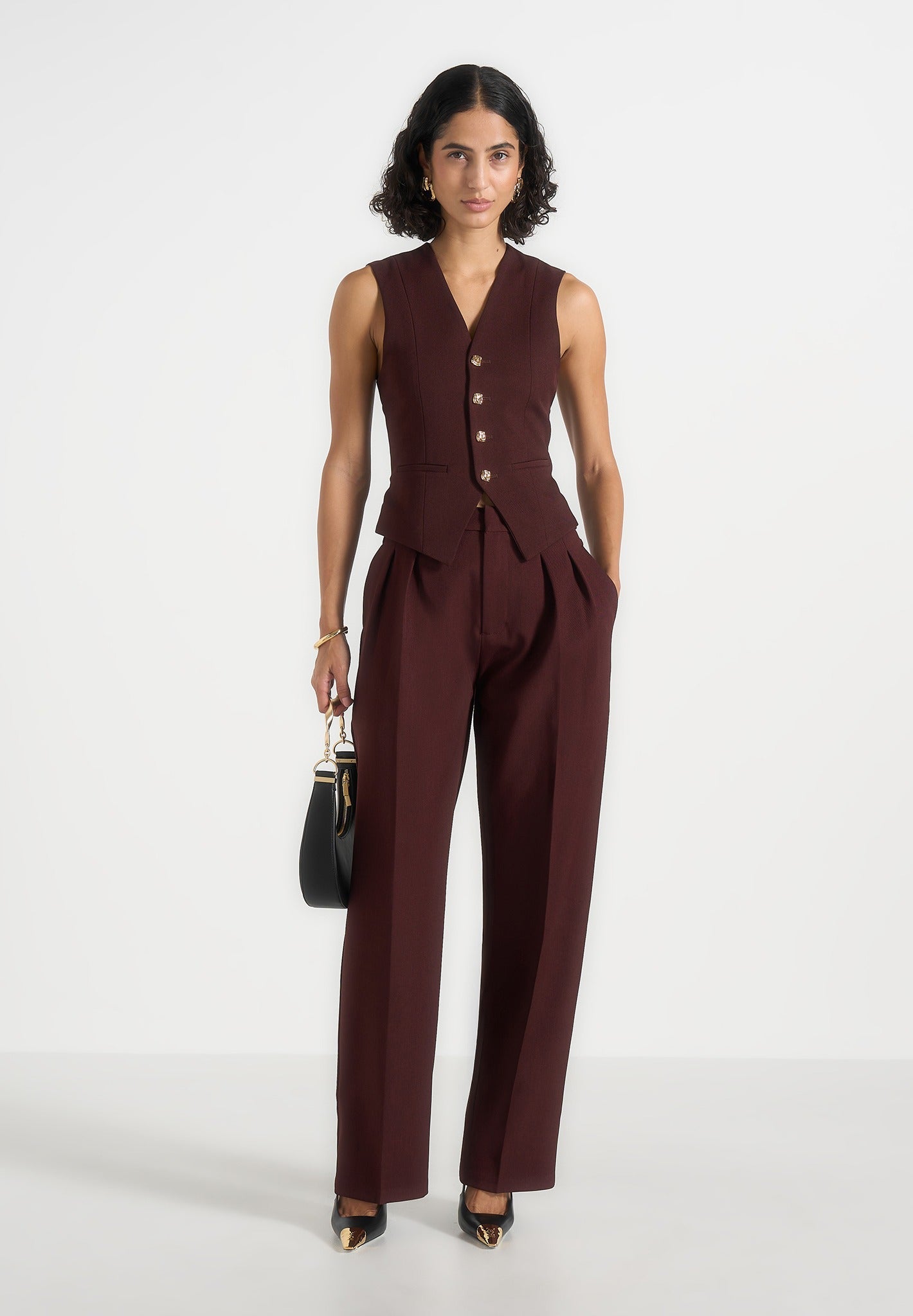 Christine - Tailored Cinch Suit Vest - Wine Red 