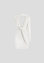 Mirena - Ruched Open Back Mini Dress With Scarf - White