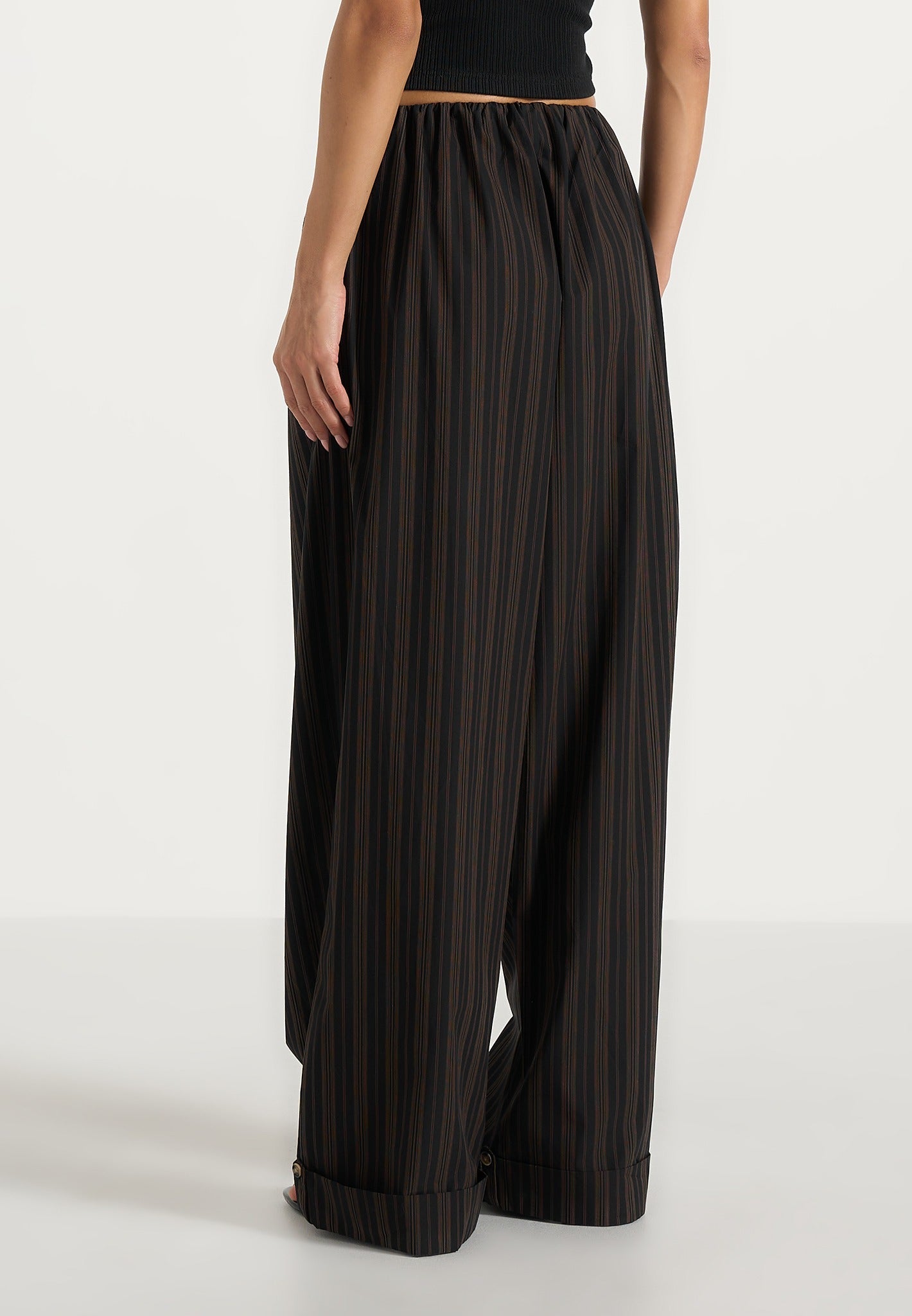 Ivanna - Elasticated Wide Leg Striped Cotton Pants - Black/Brown
