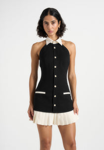 Jasmine - Halterneck Pleated Mini Dress - Black