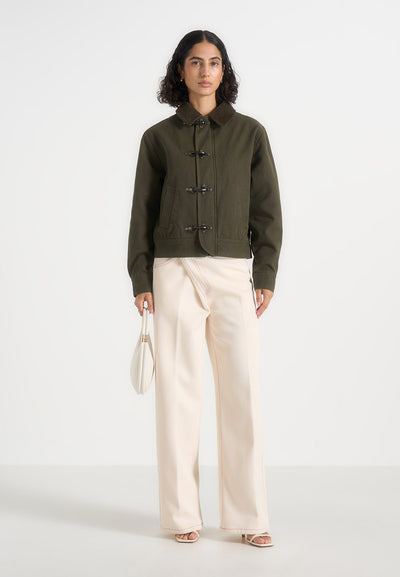 Nino - Clasp Detail Contrast Stitch Gabardine Jacket - Olive
