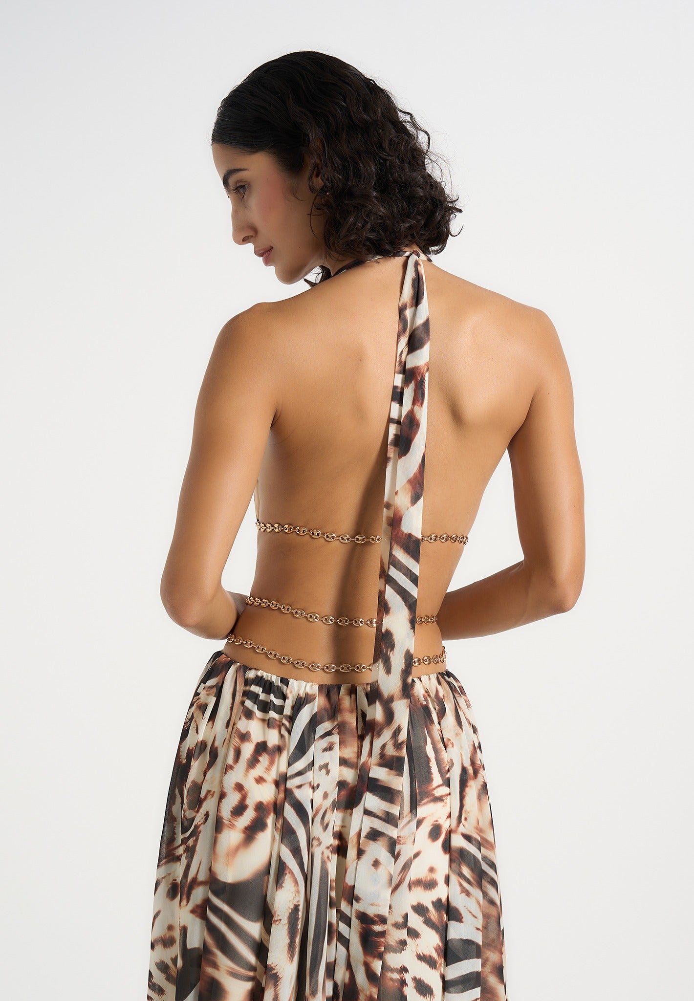June - Chain Belt Cut-Out Georgette Halter Maxi Dress - Animal