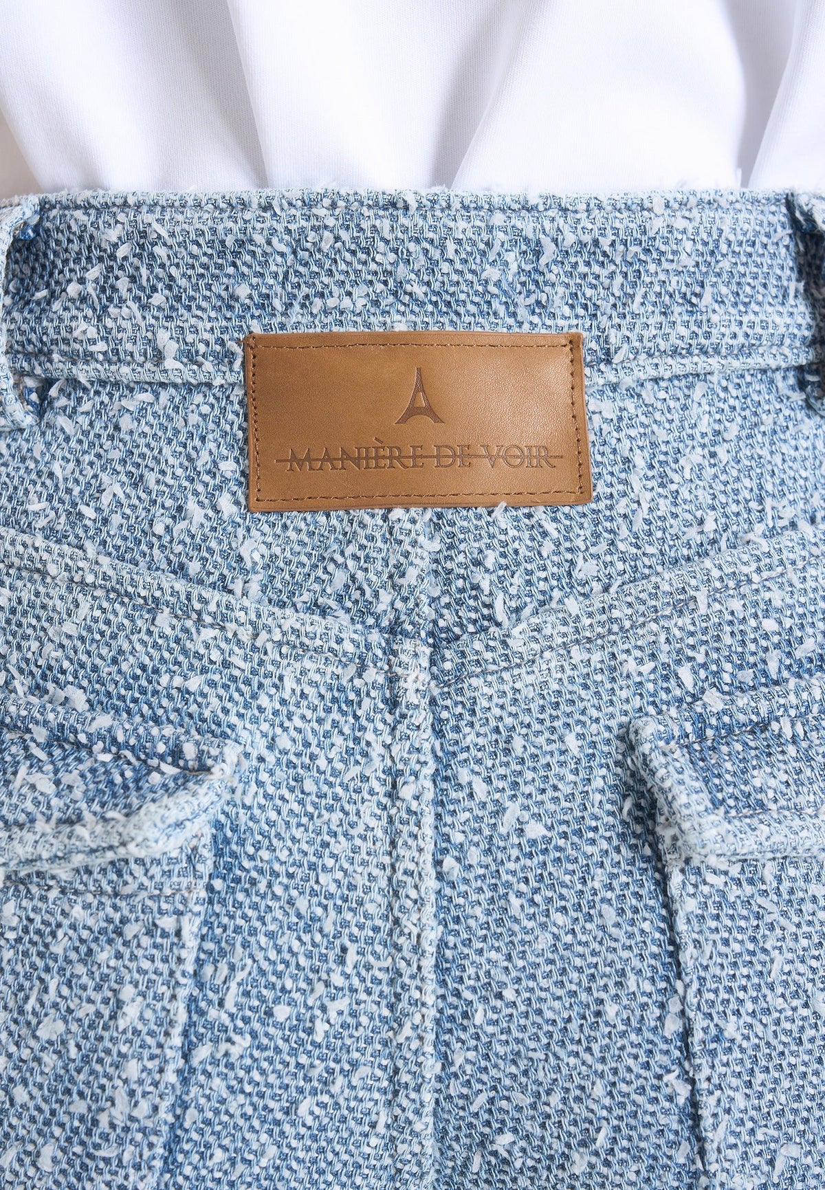Anne - High Waisted Boucle Denim Cargo Pants - Mid Blue