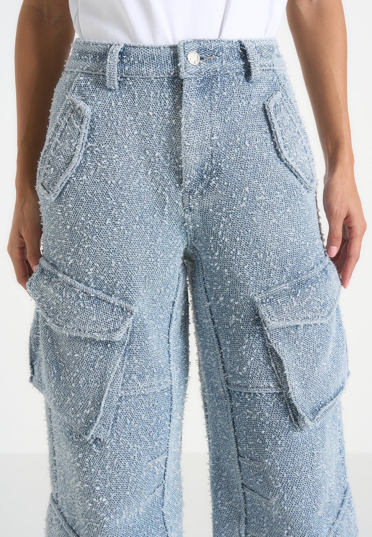 Anne - High Waisted Boucle Denim Cargo Pants - Mid Blue